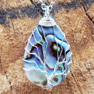 Abalone Tree of Life Pendant Necklace Paua Shell